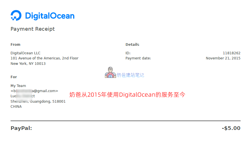 笔者在 DigitalOcean的2015年账单截图